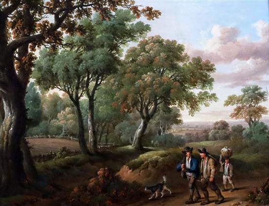Attributed to Charles Towne (1781-1854) Figures and a dog walking on a country track 7.5in. x 9.75in.